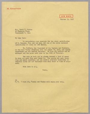 [Letter from I. H. Kempner to Mrs. David F. Weston, October 31, 1957]