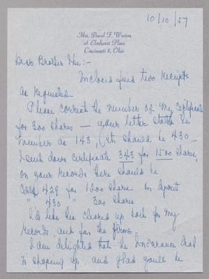 [Handwritten letter from Sara K. Weston to I. H. Kempner, October 10, 1957]