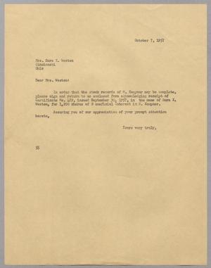 [Letter from R. I. Mehan to Sara K. Weston, October 7, 1957]