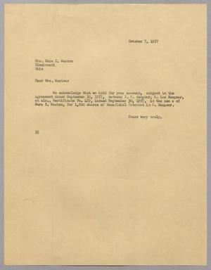 [Letter from R. I. Mehan to Sara K. Weston, October 7, 1957]