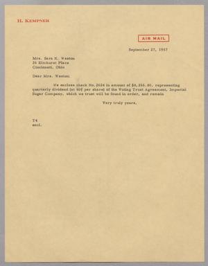 [Letter from T. E. Taylor to Sara K. Weston, September 27, 1957]