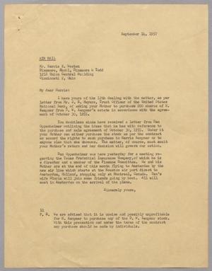 Primary view of object titled '[Letter from I. H. Kempner to Harris K. Weston, September 14, 1957]'.