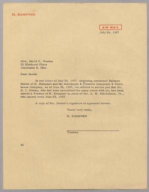 [Letter from Harris Leon Kempner to Mrs. David F. Weston, July 26, 1957]
