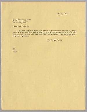 [Letter from T. E. Taylor to Sara K. Weston, July 10, 1957]