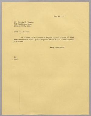 [Letter from T. E. Taylor to Harris K. Weston, July 10, 1957]