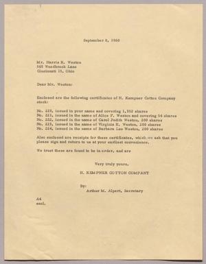 [Letter from Arthur M. Alpert to Harris K. Weston, September 8, 1960]