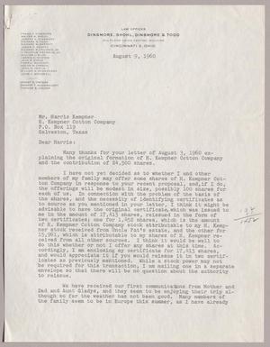 Primary view of object titled '[Letter from Harris K. Weston to Harris L. Kempner, August 9, 1960]'.