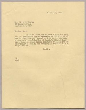 Primary view of object titled '[Letter from I. H. Kempner to Mrs. David F. Weston, December 7, 1962]'.