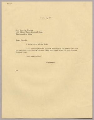 [Letter from Harris Leon Kempner to Harris Weston, September 11, 1962]