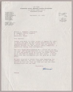 [Letter from Harris K. Weston to Harris Leon Kempner, September 10, 1962]