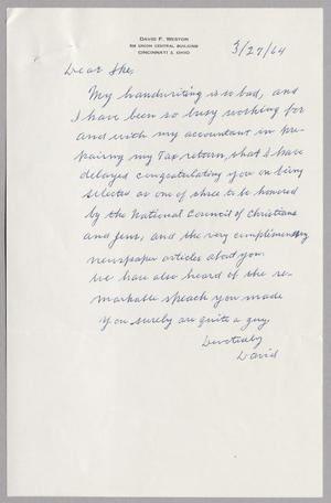 [Handwritten letter from David F. Weston to I. H. Kempner, March 27, 1964]