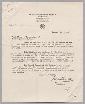 Primary view of object titled '[Letter from David Sarnoff, January 26, 1944]'.
