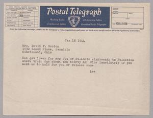 [Telegraph from Robert Lee Kempner to Mrs. David F. Weston, January 15, 1944]