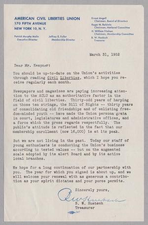 [Letter from B. W. Huebsch to Mr. Kempner, March 31, 1952]