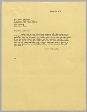 [Letter from I. H. Kempner to Mrs. Louis Jacobson, March 10, 1952]