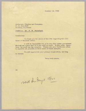 [Letter from Harris Leon Kempner to Anderson, Clayton and Company, October 14, 1952]
