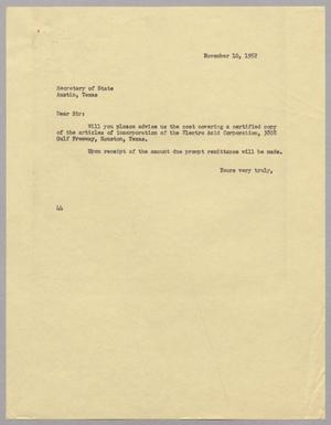 [Letter from A. H. Blackshear, Jr. to Secretary of State, November 10, 1952]