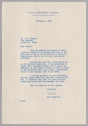 [Letter from Olin Culberson to I. H. Kempner, February 8, 1952]