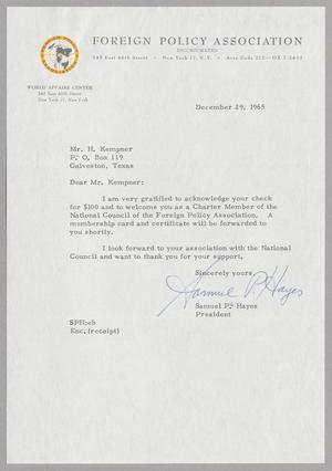 [Letter from Samuel P. Hayes to Harris Leon Kempner, December 29, 1965]