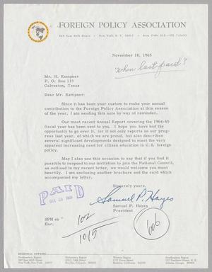 [Letter from Samuel P. Hayes to Harris Leon Kempner, November 18, 1965]