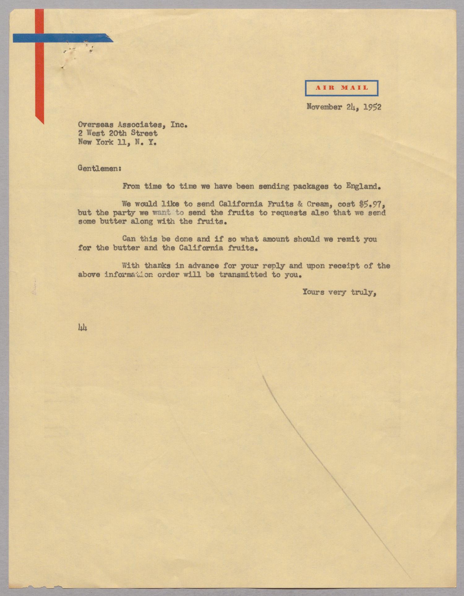 [Letter from A. H. Blackshear, Jr. to Overseas Associates, Inc., November 24, 1952]
                                                
                                                    [Sequence #]: 1 of 2
                                                
