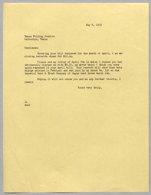 [Letter from I. H. Kempner to Texas Filling Station, May 6, 1952]