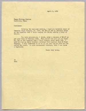 [Letter from I. H. Kempner to Texas Filling Station, April 9, 1952]