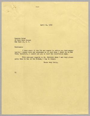 [Letter from I. H. Kempner to The Warwick Hotel, April 14, 1952]