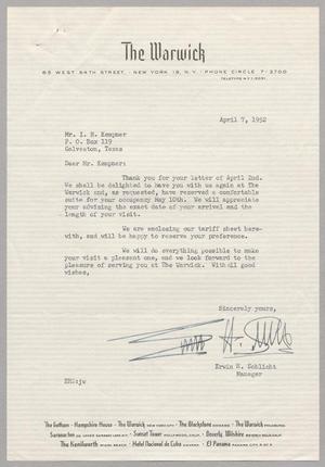 [Letter from The Warwick Hotel to I. H. Kempner, April 7, 1952]