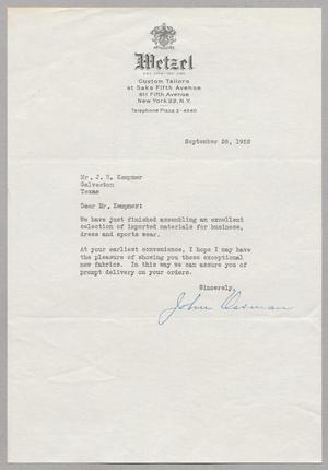 Primary view of object titled '[Letter from Wetzel Custom Tailors to I. H. Kempner, September 26, 1952]'.
