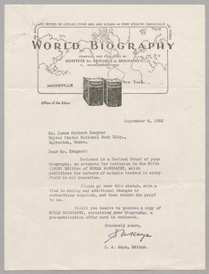 [Letter from World Biography to I. H. Kempner, September 8, 1952]