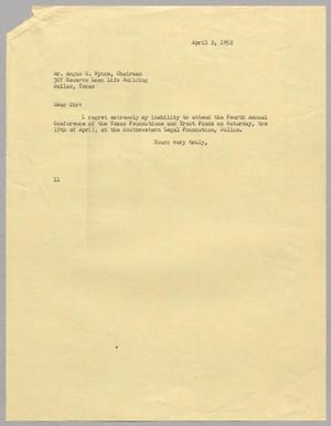[Letter from I. H. Kempner to Angus G. Wynne, April 2, 1952]