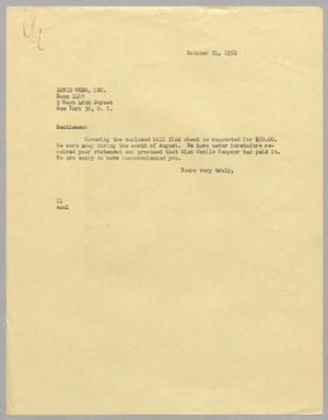 [Letter from I. H. Kempner to David Webb, Inc., October 24, 1952]