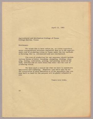 [Letter from D. W. Kempner to A & M College of Texas, April 13, 1953]