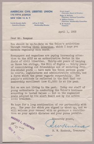 [Letter from American Civil Liberties Union to Mr. Kempner, April 1, 1953]