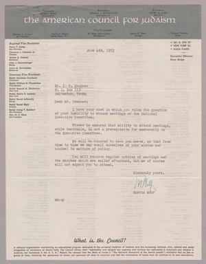 Primary view of object titled '[Letter from the American Council for Judaism to I. H. Kempner, June 4, 1953]'.