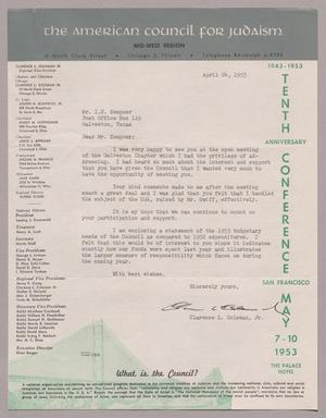 Primary view of object titled '[Letter from Clarence L. Coleman, Jr. to I. H. Kempner, April 24, 1953]'.