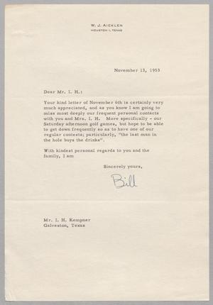 [Letter from W. J. Aicklen to I. H. Kempner, November 13, 1953]