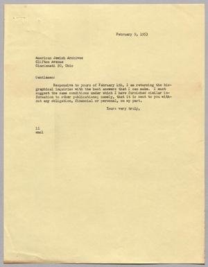 [Letter from I. H. Kempner to American Jewish Archives, February 9, 1953]