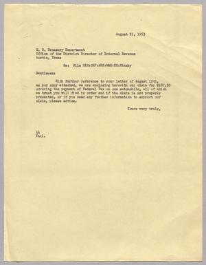 [Letter from A. H. Blackshear, Jr. to the U. S. Treasury Department, August 21, 1953]