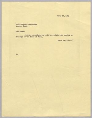 [Letter from A. H. Blackshear, Jr. to State Highway Department, April 27, 1953]