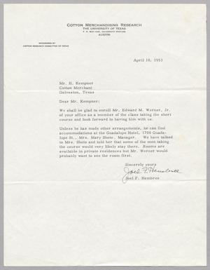 [Letter from Joel F. Hembree to H. Kempner, April 10, 1953]