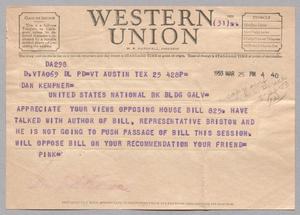 [Telegram from G. P. Pearson, Jr. to Daniel W. Kempner, March 25, 1953]