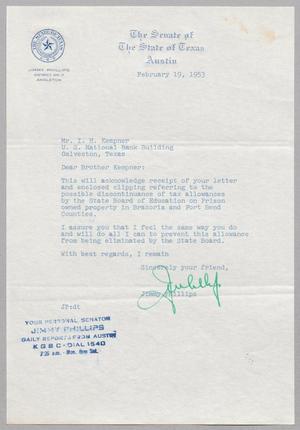 [Letter from Jimmy Phillips to I. H. Kempner, February 19, 1953]