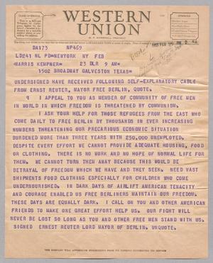 [Telegram from Messrs. Clay, McCloy, Byrd, and Spaatz to Harris Leon Kempner, February 23, 1953]