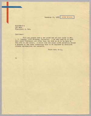 [Letter from I. H. Kempner to Bissinger's, December 10, 1953]
