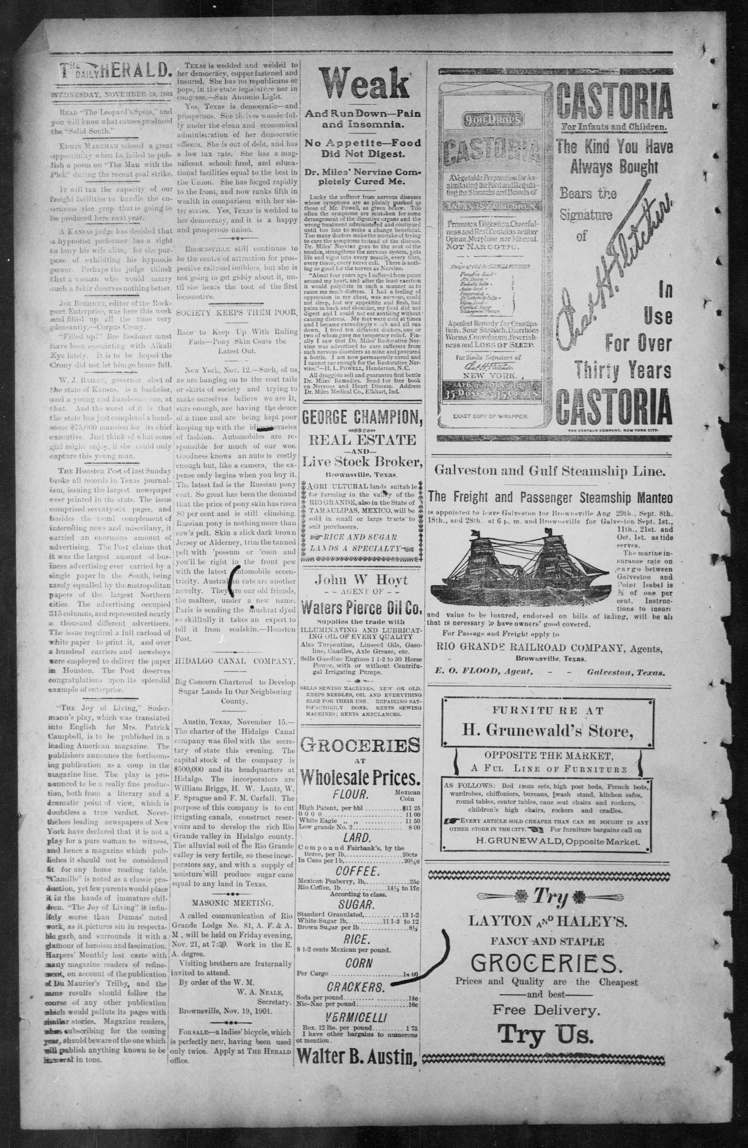 Brownsville Daily Herald (Brownsville, Tex.), Vol. ELEVEN, No. 226, Ed. 1, Wednesday, November 19, 1902
                                                
                                                    [Sequence #]: 2 of 4
                                                