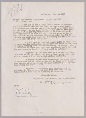 [Letter from Galveston Club Organizational Committee, July 5, 1950]
