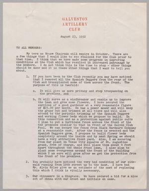 [Letter from the Galveston Artillery Club, August 23, 1952]