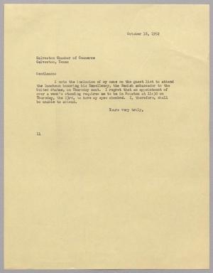 [Letter from I. H. Kempner to Galveston Chamber of Commerce, October 18, 1952]